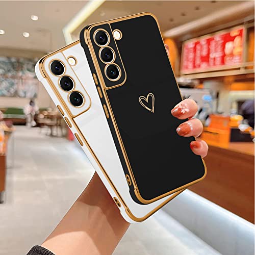 Mzelq Compatible With Samsung Galaxy S22+ Plus Case For Women Cute Luxury Gold Heart Pattern Design, Full Camera Protection & Soft Tpu Shockproof Protective Plating Edge Phone Case, 6.6 Inch, Black #TOP1