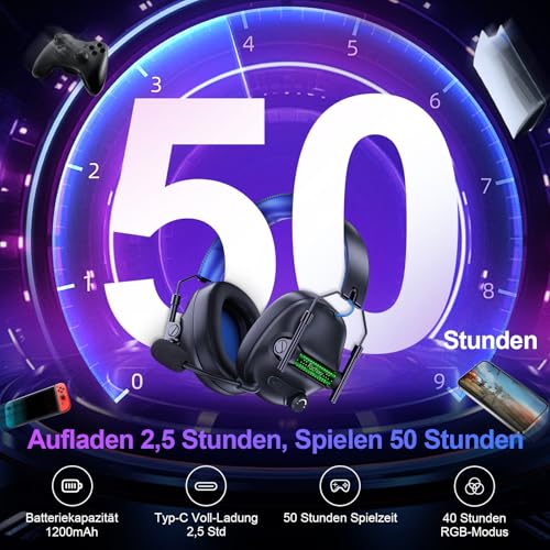 FC400 Wireless Gaming Headset, 2.4GHz Gaming Kopfhörer Kabellos mit Mikrofon für PS5, PS4, PC, Switch, Bluetooth 5.4 Gaming Headset, Geringe Latenz Noise Cancelling, mit LED Licht, 50H Akkulaufzeit 3