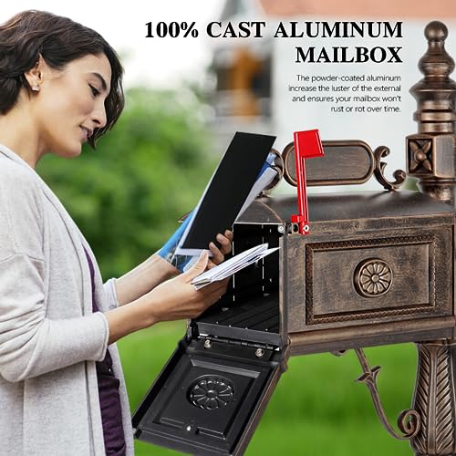 Heavy Duty Mailbox Classic Decorative Cast Aluminum Mail Box Postal Vertical Pedestal (Bronze)