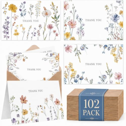 XXINMOH 102 PACK Floral Thank You Cards With Envelopes (4'x6') - Wildflower Blank Cards With Adhesive Envelopes & Matching Stickers for Wedding, Bridal Showers, Baby Showers, Birthday, All Occasion