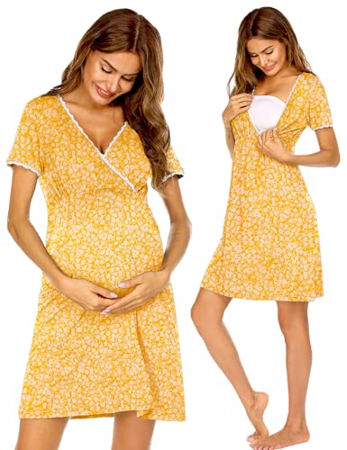 Image of Ekouaer Nursing Nightown Short Sleeve Maternity Breastfeeding Dress Floral Delivery and Labor Gown for Hospital Yellow Floral Large