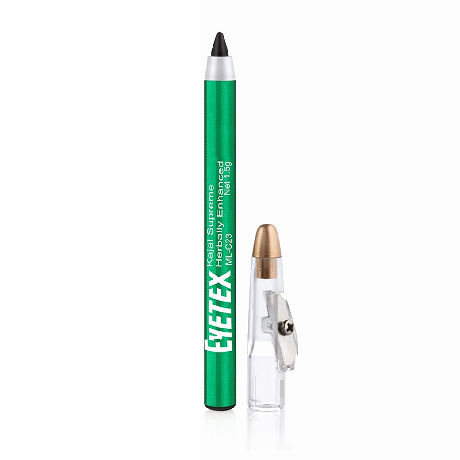 Eyetex Kajal Supreme Herbally Enhanced 1.5g Black Deep Black Matte Finish, Smudge-Proof, Water-Resistant, Vegan, Earthen Pigments, Extracts of Aloe & Carnauba, 6-hr stay, Built-In Sharpener.