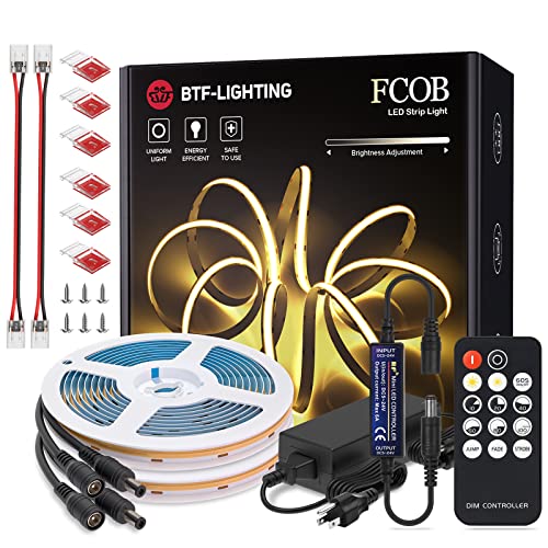 Btf-Lighting Fcob 24V Kit Flexible High Density Led Lights 2X16.4Ft 8Mm Width 3000K Rf14 Keys Dimmable Controller Fob Cri90 Led Strips For Bedroom Kitchen Home Indoor Warm White With Ac Adapter #TOP10