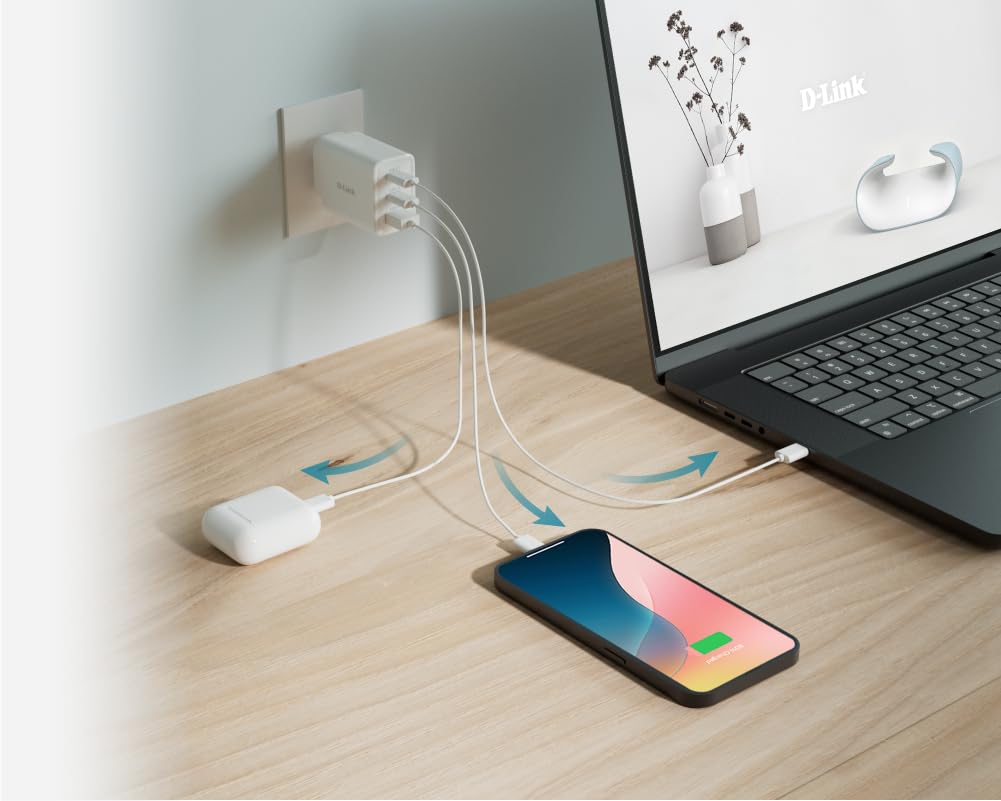 D-Link DCP-651 Chargeur GaN 65W – Chargeur Rapide 2 x USB-C & 1 x USB-A, Adaptateur de Voyage Compact avec Prises interchangeables (UK/EU/US/AU) – PD 3.0 & QC 4.0