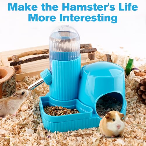 Image of 3 in 1 Multifunctional Hamster Water Bottle No Drip Gerbil 100ML Water Bottle Dispenser with Food Bowl Small Animal Auto Dispenser with Hideout Base Hamster Cage Accessories (Blue)