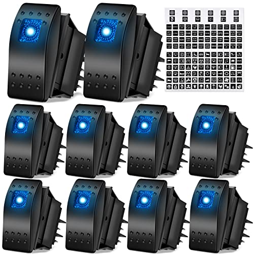 Tallew 10 Pcs 12V Boat Marine Rocker Switch 24V Toggle SPST Dashboard 4 Pin Rocker Switch Blue Lighted LED Waterproof with Night Glow Sticker for Auto Truck Motorcycle Boat UTV Car