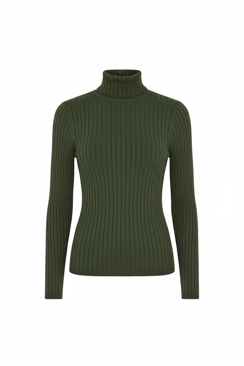 Yumi Women's Green Ribbed Knit Roll Neck Jumper | Size: Small