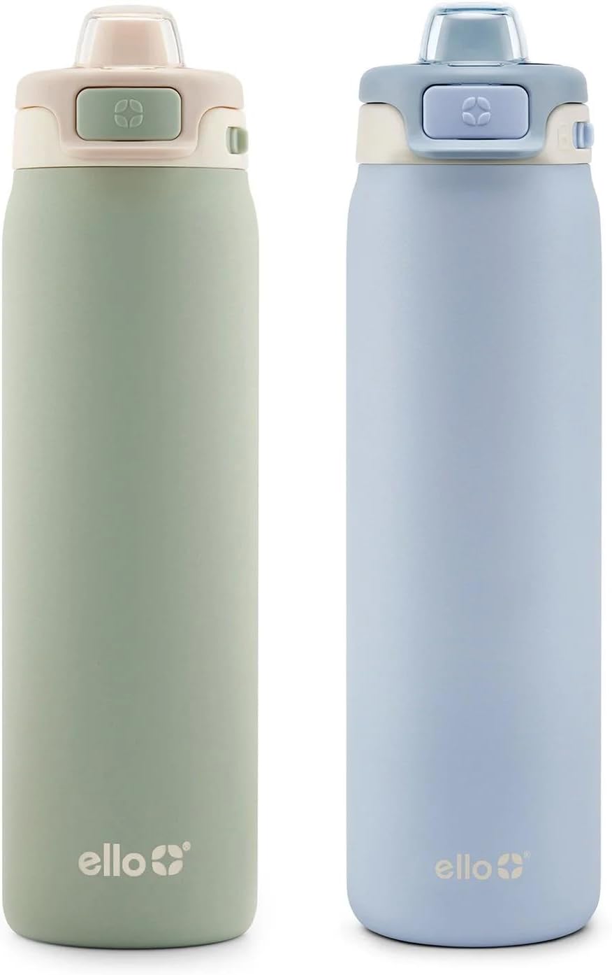 Ello Flip to Fill, Pop to Drink Stainless Steel Water Bottle with Leak-Proof Locking Lid, 22 oz – Reusable Insulated Travel Bottle, Color: Pistachio/Blue Dream