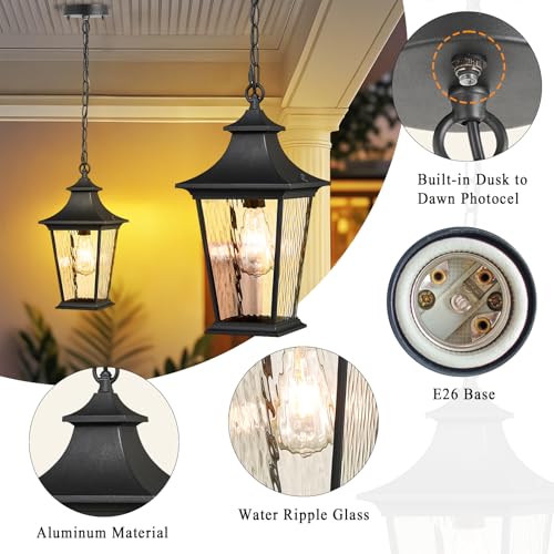 Image of 16.4 Inch Black Hanging Porch Lights Outdoor Waterproof Aluminum Outdoor Pendant Light Dusk to Dawn Exterior Hanging Light Fixture for Gazebo E26 Socket