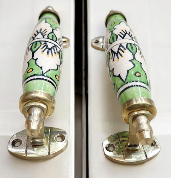 JGARTS Set of 2 Cabinet Pulls Ceramic Door Knobs Painted Kitchen Cabinet Drawer Wardrobe Pull Handles Porcelain Pattern Green and White Design 02