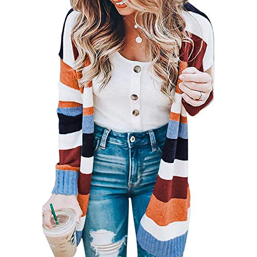 ANBI Womens Long Sleeve Loose Striped Cardigan Color Block Knit Open Front Sweater Coat, B-multicolor, Medium