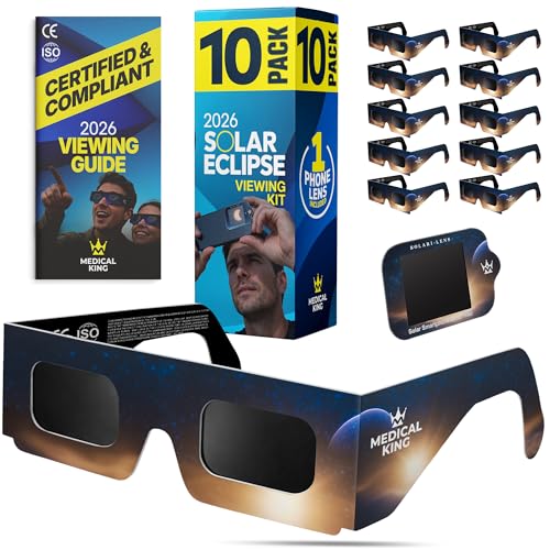 Medical king Solar Eclipse Glasses Approved 2024, (10 pack) CE and ISO Certified Safe Shades for Direct Sun Viewing Includes Bonus Eclipse Guide With Map