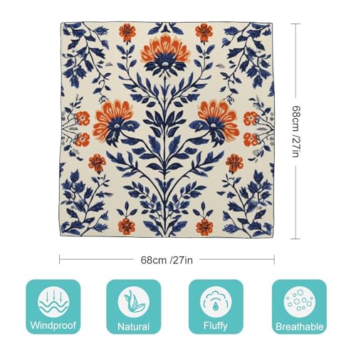 Orange And Navy Blue Floral Pattern Women Hair Scarf Square Silk Like Head Scarves Handkerchief Satin Neck Scarf2