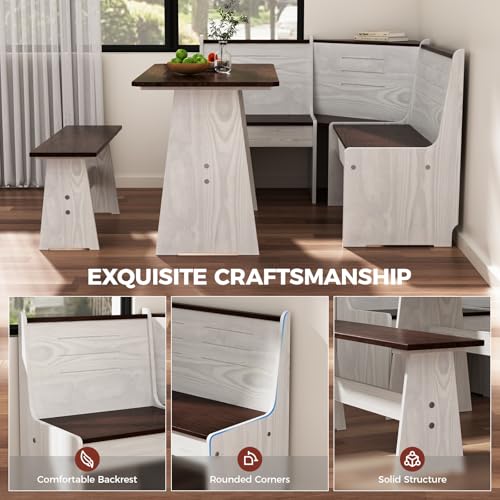 Image of Breakfast Nook Dining Table Set - Corner Dining Table Set for 4-6 People, Extra Long Solid Wood L Shaped Kitchen Nook Dining Set Space Saving Booth Seating with Bench for Small Spaces, White Brown