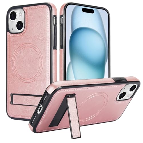 Custodia magnetica per iPhone 15 plus compatibile con Magsafeï¼½ ricarica staffa nascosta forte custodia protettiva per 15 plus wireless rosa pelle sintetica oro