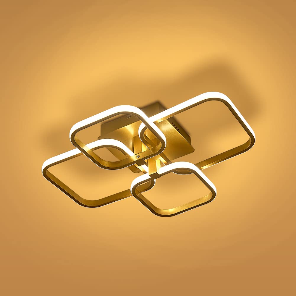 LED Dimmable Ceiling Lights Remote, Chandelier Light 4 Squares, Flush Mount Lamp for Living Room Kitchen Office Bedroom Dining Room(2800k-6000k, Gold, 6-15㎡)