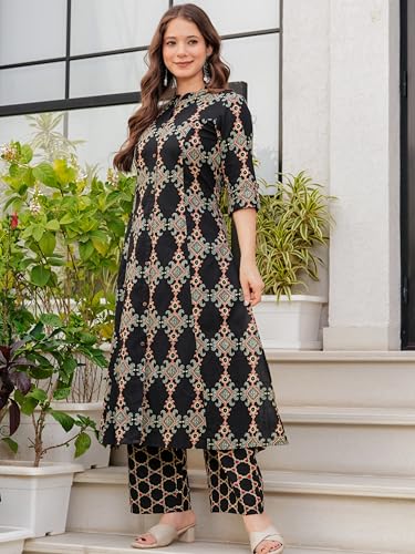 Image of rytras Women Pure Cotton Printed A-Line Kurta Sets with Palazzos|Kurti Set for Woman|Cord Set for Women Cotton