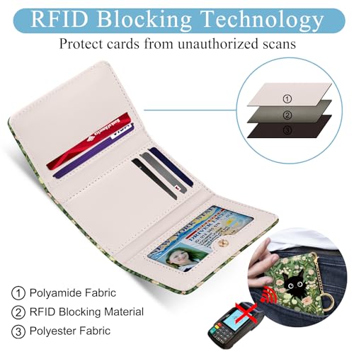 Black Cat Floral Womens Wallet, Small Slim RFID Blocking Card Wallets, Cute Trifold PU Leather Card Holder Wallet Organizer, Mini Pocket Cash Wallet with 7 Card Slots ID Window for Girls Ladies4