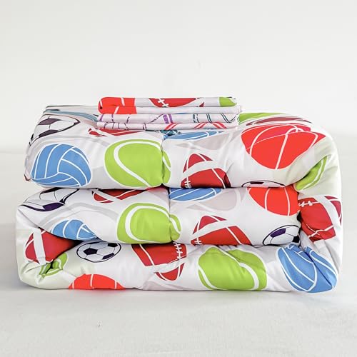 Image of Tailor Shop 4 Pieces Toddler Bedding for Boys Toddler Basketball Football Baseball Comforter Includes Quilted Comforter Fitted Sheet Top Sheet and Pillow Case