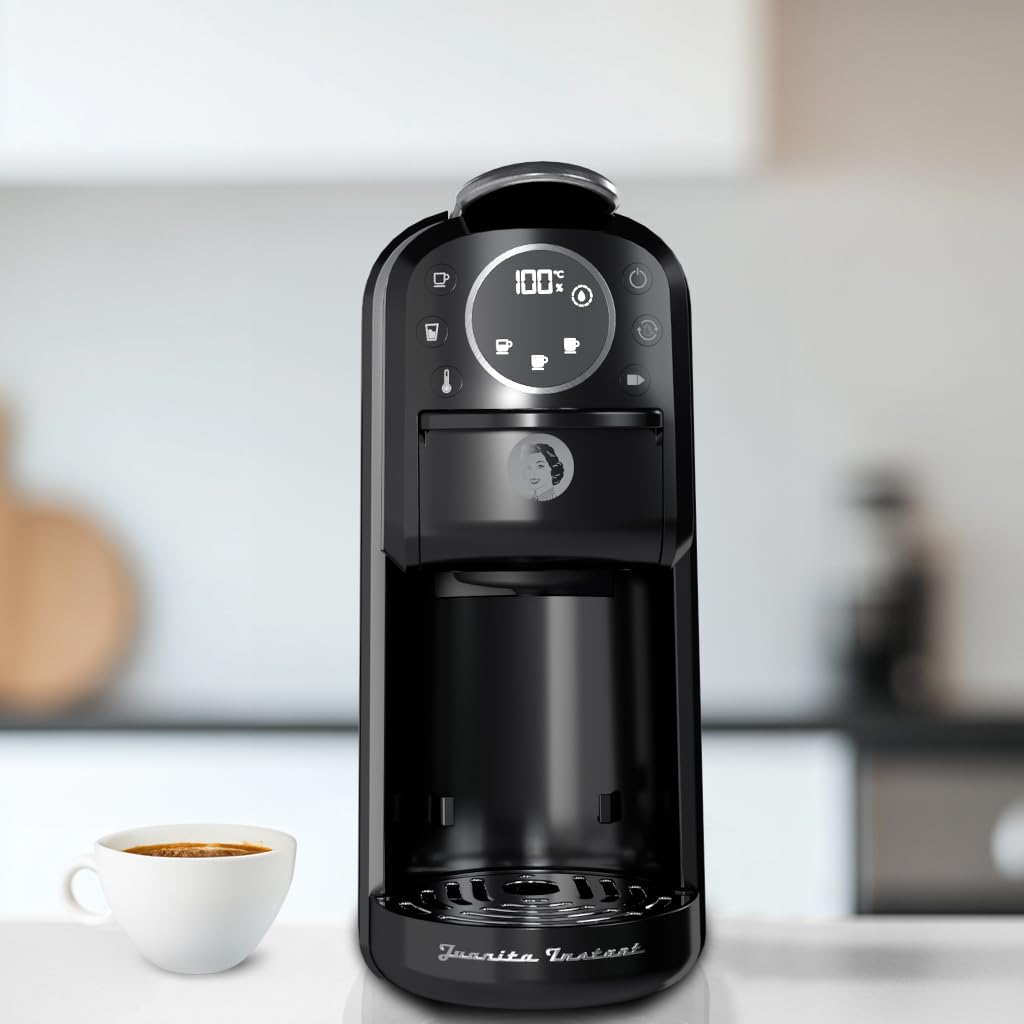 Juanita Cafetera Multicápsula Instant – 1400W, Presión 20 Bares, Compatible con Cápsulas y Café Molido, Pantalla Digital, Depósito 1.3L, Compacta y Fácil de Limpiar