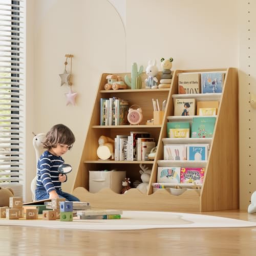 Image of ROXGOX Wooden Bookcase, 4 Tier Kids Bookshelf and Toys Storage Cabinet, Baby Book Shelf with Storage, 5 Shelfs Bookcase, Montessori Book case Kids Room, Toddler Bookshelf for Nursery Classroom