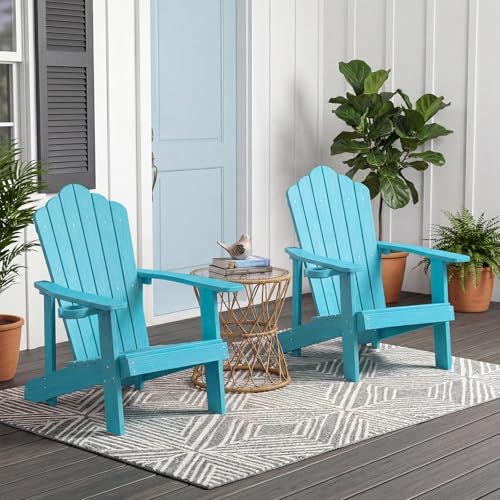 Image of Tangkula Oversized Adirondack Chair, Patio Lounge Chairs w /Adjustable Cup Holder, HIPS Armchairs Slatted Chair, Outdoor Weather Resistant Fire Pit Chair for Deck Backyard Garden Porch (1, Turquoise)