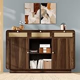 I0I&I0I Kommode Sideboard Schubladenschrank Nussbaum mit Rattan & Goldgriffen, 120 cm, 3 Schubladen, 2 Türen, Offenes Regal, Höhenverstellbare Einlegeböden, Modern & Stabil (Stil 1)