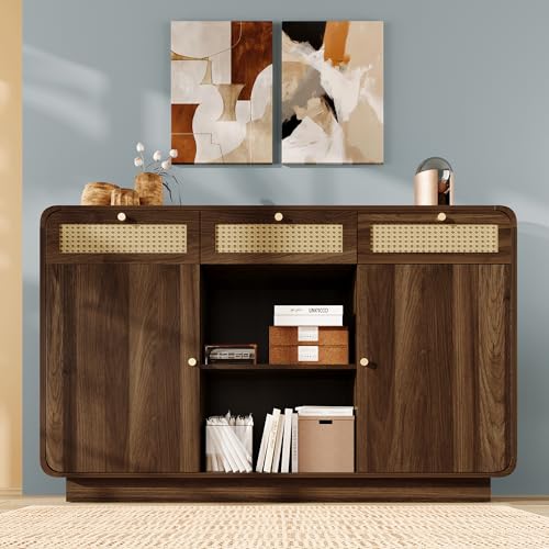 Wiuzo Kommode Sideboard 120cm Nussbaum, Schubladenschrank mit Rattan &...