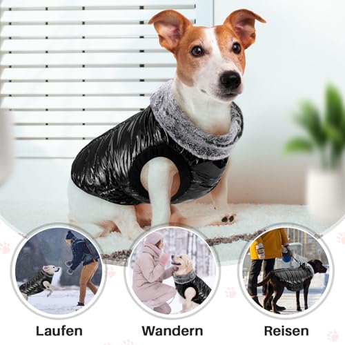 Eyein Wasserdichter Hundemantel mit Geschirr, Fleece Rollkragen Warme Hundewinterjacke mit doppeltem Reißverschluss, reflektierende Hundeschneejacke für kleine mittlere große Hunde, Schwarz, M
