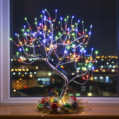 FuChsun Tabletop Bonsai Tree Light 108 LED Fairy Artificial Tree Lamp fot Room Party Home Centerpieces Decoration, Battery/USB Operated (Galaxy Glow Silver Branch)