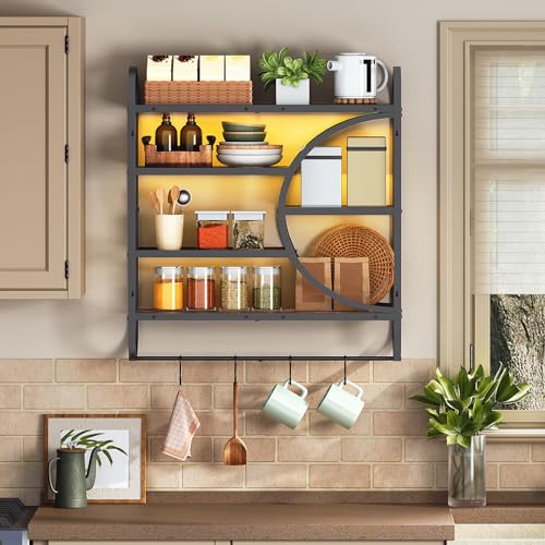 Image of HOOBRO Gaming Floating Shelf with LED Lights, 28.9 inch LED Wall Mounted Shelf, 5-Tier Display Rack for Wall Storage, Floating Rack with Hanging Rod and 4 S-Hooks, Rustic Brown and Black BF50DBJ01
