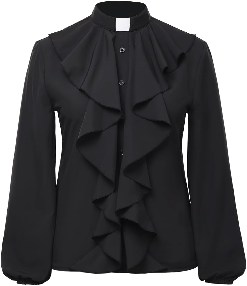 Womens Church Clergy Shirt Tab Collar Elastic Cuff Long Sleeve Lotus Ruffled Blouse Top