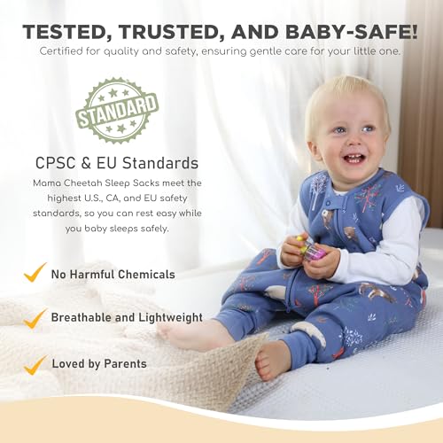Image of Mama Cheetah Toddler Sleep Sack with Feet, 6-18 Month, 2.5 TOG Organic Cotton Baby Sleeping Bag with Legs, Baby Wearable Blankets for Walkers w / 2-Way Zipper, Baby Sleep Sack for Girls & Boys, Small