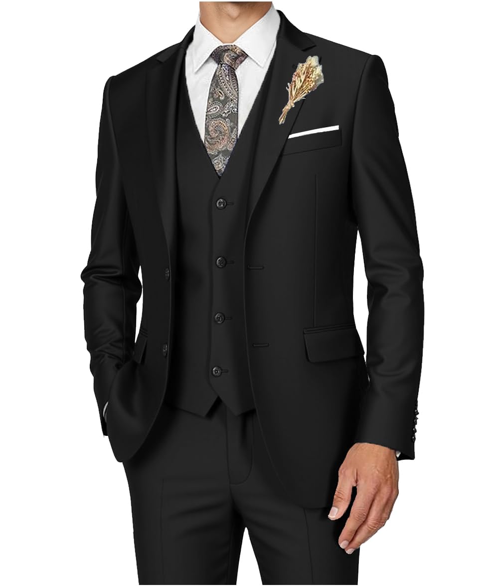 ElionmMen's Suits 3 Piece Slim Fit Dress Tuxedo for Men Two Button Solid Jacket Vest Pants Set