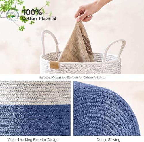 Image of Jute Cotton Rope Laundry Basket with Handles, Large Tall Clothes Hamper for Bedroom, Baby Nursery, Bathroom, Laundry Room & Home Storage Organizer (14x18 Inch, Blue & White)