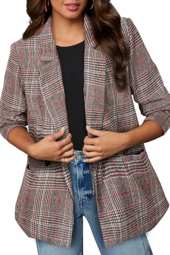 Happy Sailed Women’s Plaid Blazer Classic Lapel Collar Double Breasted Open Front Blazers Jackets Work Suit with Pockets2