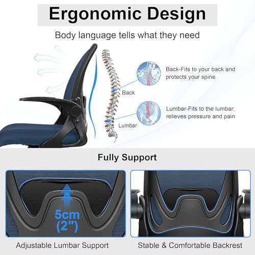 Image of Drafting Chair Tall Office Chair with Flip-up Armrests, Adjustable Height, Enhanced Lumbar Support Ergonomic Rolling Stool, Back Support, Adjustable Foot Rest Ring for Standing Desk Navy