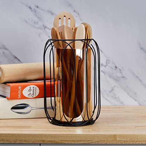 Image of Elements 6.89x6.89.10.43 Inch Black Metal Wire with Amber Glass Insert Votive Holder, for Use with Wax or Flameless Canlde