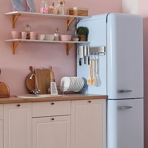 Miniatura 5 de HomeSimplex Soporte magnético de cuchillos de 12 pulgadas para refrigerador con 6 ganchos, tira magnética de doble cara para refrigerador - Estante