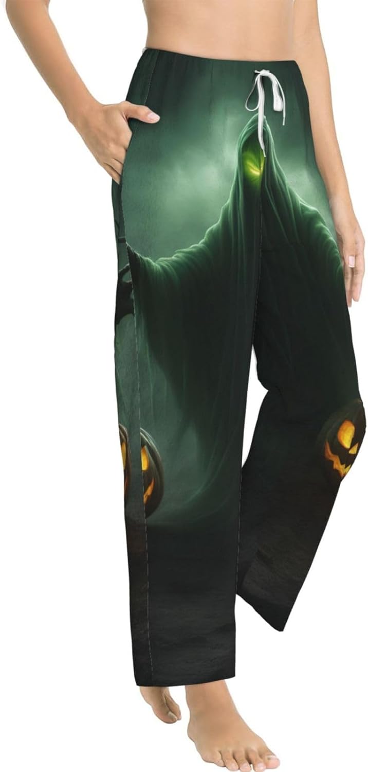 Green Ghost Horror Halloween Pumpkin Print Women'S Flannel Pajama Pants,Soft Warm Pajama Bottoms,Perfect For Holiday Lounging
