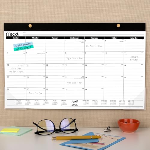 Image of Mead Desk Calendar 2026-2027 Planning Pad, Academic 15-Month April-June, Monthly, 17.75 inch x 11 inch Compact, Ruled Daily Block (CAM82005)