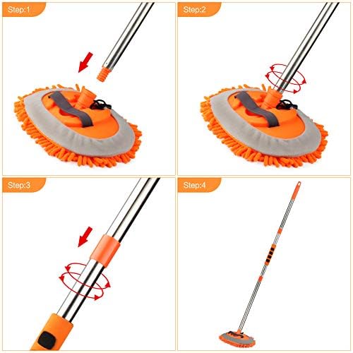 62 Inch Car Wash Mop Mitt with Long Handle, 3 in 1 Chenille Microfiber Car Wash Brush Extension Pole, Scratch Cleaning Tool for Car, Truck, RV, Total 2 Pcs Mop Head and 1Pcs Drying Squeegee Sponge