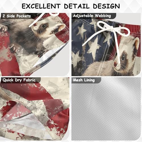 Boys Beach Board Shorts Animal Ferret America Flag Swim Trunk Teen Swimwear 8-16Y3