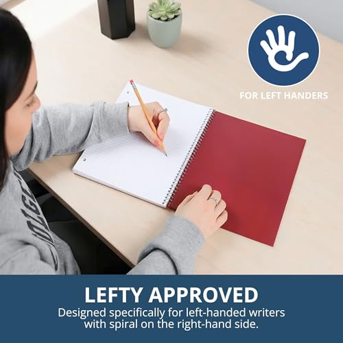 Image of ROARING SPRING Lefty Spiral Notebook, Left-Handed One Subject Notebook, 11 inch x 9 inch, 100 Sheets, College-Ruled, Perforated, Assorted Saranac Covers, Made in USA
