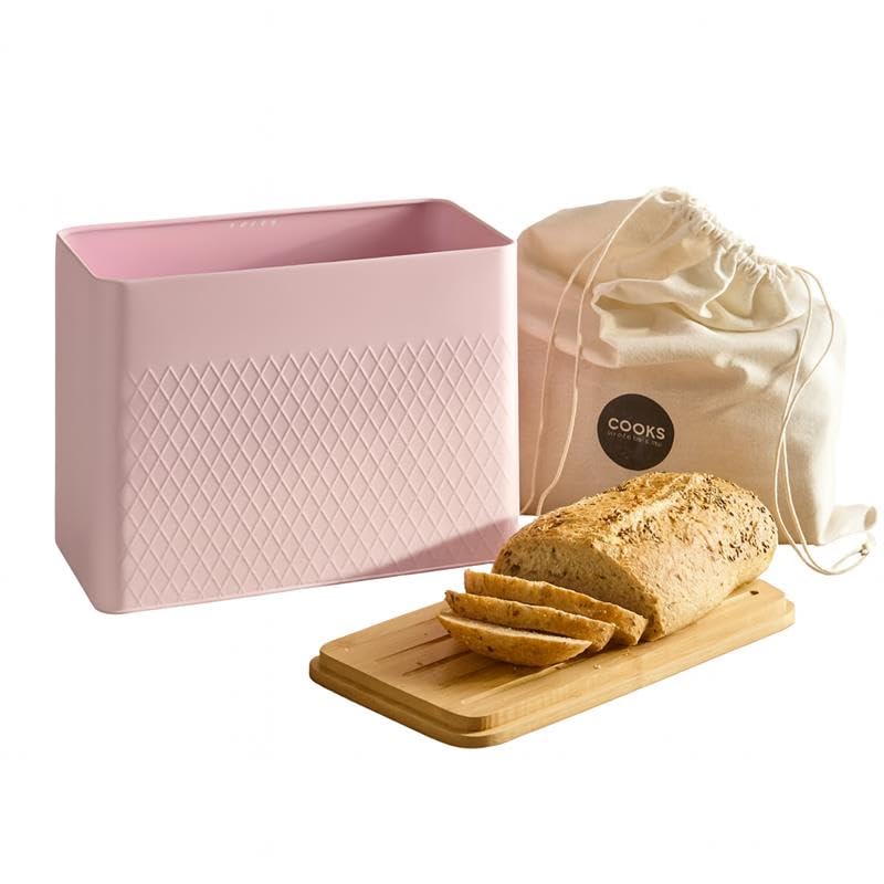 Cooks Professional Bread Bin with Linen Bag & Bamboo Cutting Board Lid | Modern & Stylish Diamond Pattern | Breathable Rectangular Countertop Food Storage Canister for Loaves, Rolls, Pastries | Pink