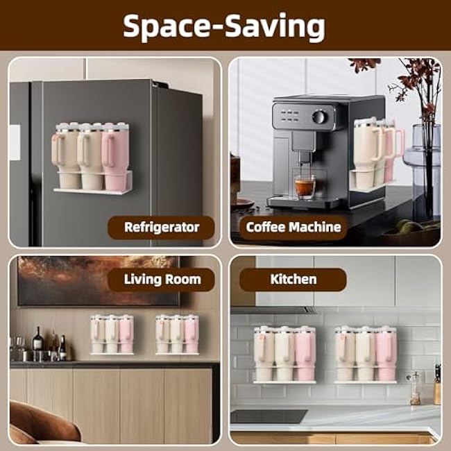 2Pack Magnetic Cup Holder for Stanley 30/40 oz - Heavy Duty Metal Kitchen Organizer with Self-Adhesive Tape for Stanley Accessories, Space-Saving Kitchen Storage for Home& Office (White)