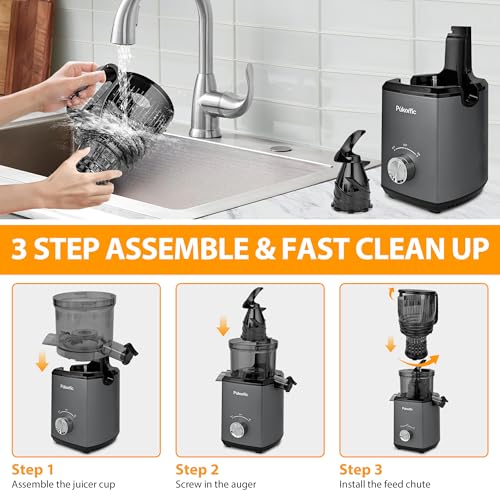 Pukomc Cold Press Juicer,5.8" Wide Feed Chute Juice Extractor Machine with 300W,Slow Masticating Juicer for Whole Vegetables & Fruits,High Juice Yield,Easy to Clean,Grey - Image 5