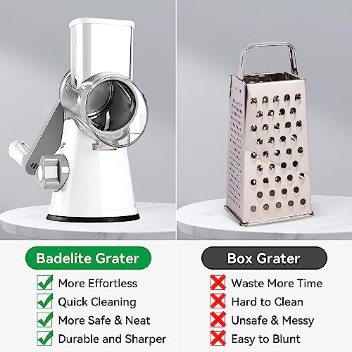 Rotary Cheese Grater Vegetable Shredder With Handle Round Kitchen Mandoline Slicer Grater For Nuts, Vegetable, Chocolate, Chesse - White - 3 Replaceabe Stainless Steel Blades #TOP5