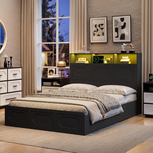Image of 2 Pieces Bedroom Set, Queen Size Bed Frame with Storage Headboard, Nightstand with Charging Station, Black