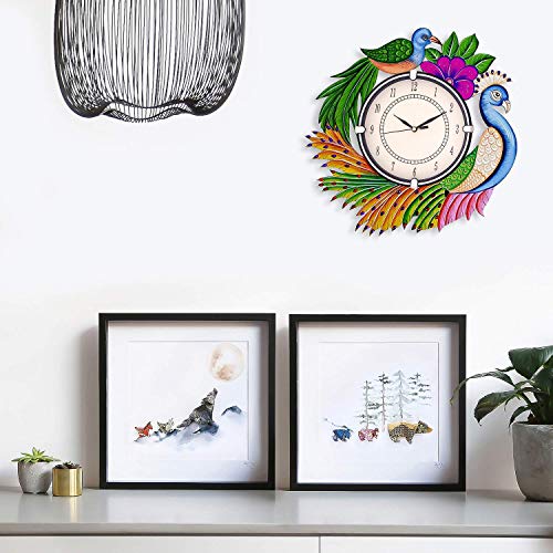 Image of Wooden Peacock Design Wall Clock Round Quartz Analog Decorative Antique Wall Clock for Home & Office Decor